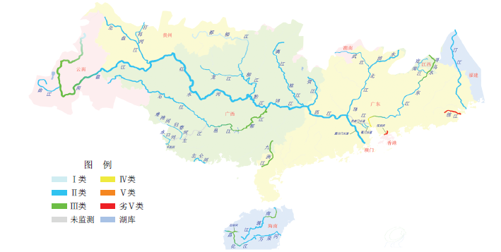  2014年珠江流域水质分布示意图