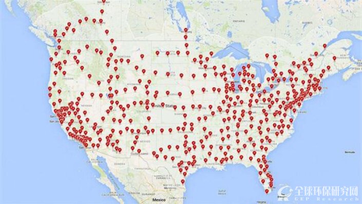 图3 加州拥有全美最密集的特斯拉充电站