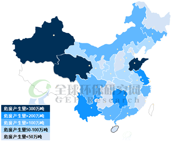 2015年中国危废产生量区域分布图